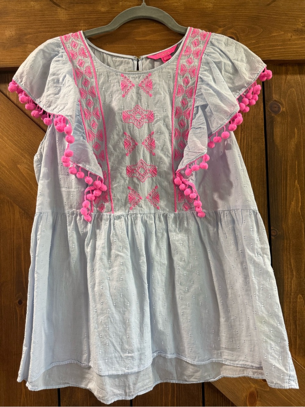 Lilly Pulitzer Light Blue Dress Top with Pink Embroidery & Pom-Poms